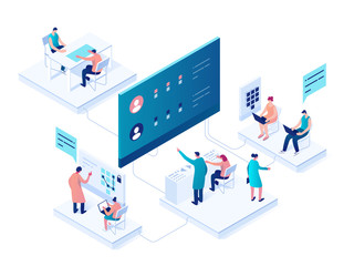 People interacting with charts and analyzing statistics. Data visualization concept. 3d isometric vector illustration.