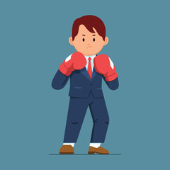 vector illustration of business man in blue suite pose with red boxing gloves