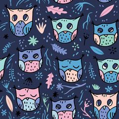 Seamless Pattern with Colorful Owls, Leaves and Branches on Dark Background