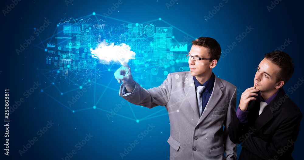 Aufkleber Man touching hologram projection displaying information from cloud based system
