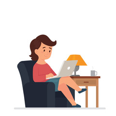 vector illustration young woman work at her home, sitting cozy in her couch or sofa. freelancer work at home with her laptop. remote work from home