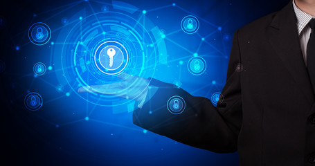 Young person holding hologram screen displaying security infomartions
