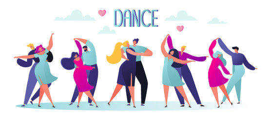 Vector illustration with flat happy dancing couples people. Dancer character male and female isolated on white background. Young men and women enjoying classical dance. Colorful vector illustration.