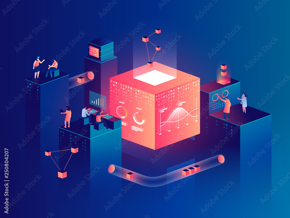 Poster people interacting with charts and analyzing statistics. data visualization concept. 3d isometric ve