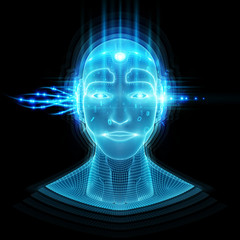 Intelligent machine with a robotic cyborg head concept 3D rendering