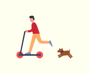 Man riding scooter pet dog following owner, running canine vector. Lifestyle of male, young male having fun with transport. Person balancing on board