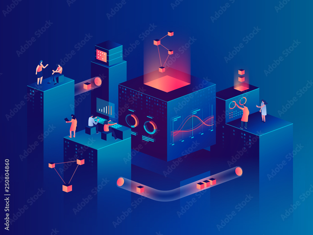 Poster people interacting with charts and analyzing statistics. data visualization concept. 3d isometric ve