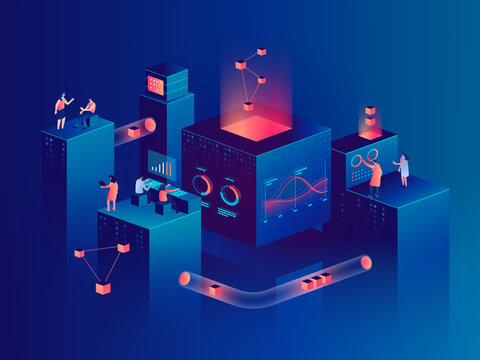 People interacting with charts and analyzing statistics. Data visualization concept. 3d isometric vector illustration.