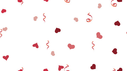 Scattered Red confetti. Vector Seamless Pattern on a White Background. Happy Pattern of Hearts and Serpentine. Element of packaging, textiles, wallpaper, banner, printing.