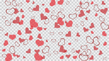 Stylish background. The idea of wallpaper design, textiles, packaging, printing, holiday invitation for birthday. Red hearts of confetti are flying. Red on Transparent fond Vector.