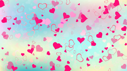 Red hearts of confetti crumbled. Part of the design of wallpaper, textiles, packaging, printing, holiday invitation for Valentine's Day. Stylish background. Red on Ggradient background Vector.