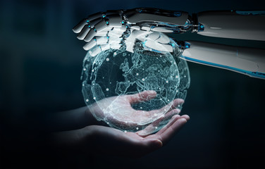 Obraz na płótnie Canvas Robot hand and human hand touching digital world 3D rendering