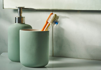 Toothbrushes in the toilet room