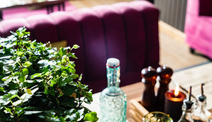 Interior of cozy restaurant. Contemporary design in loft style, modern dining place and bar counter