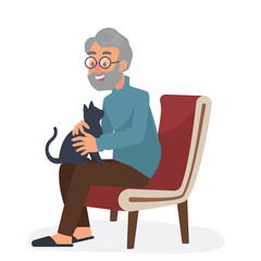vector illustration of old man sitting on cozy chair with his black cat, grand father loves his black cat, lonely old man and his cat - Vector