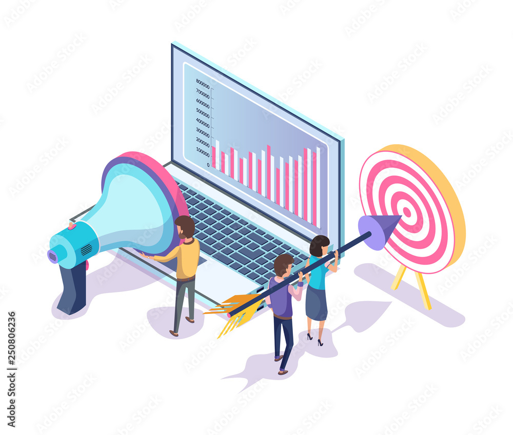 Aufkleber people working in team vector, laptop with information in visual representation. team with arrow aim