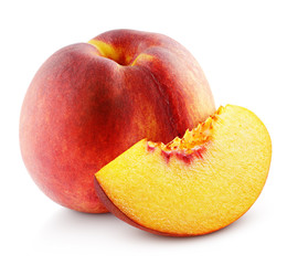 Ripe whole peach fruit with slice isolated on white background with clipping path. Full depth of...