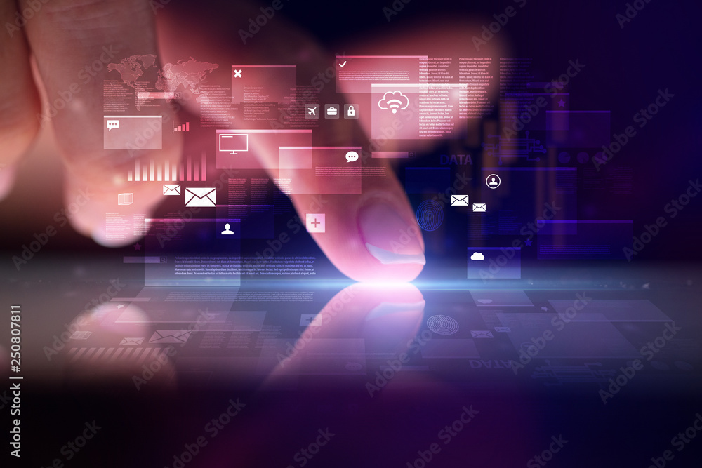Aufkleber finger touching tablet with global database concept and dark background