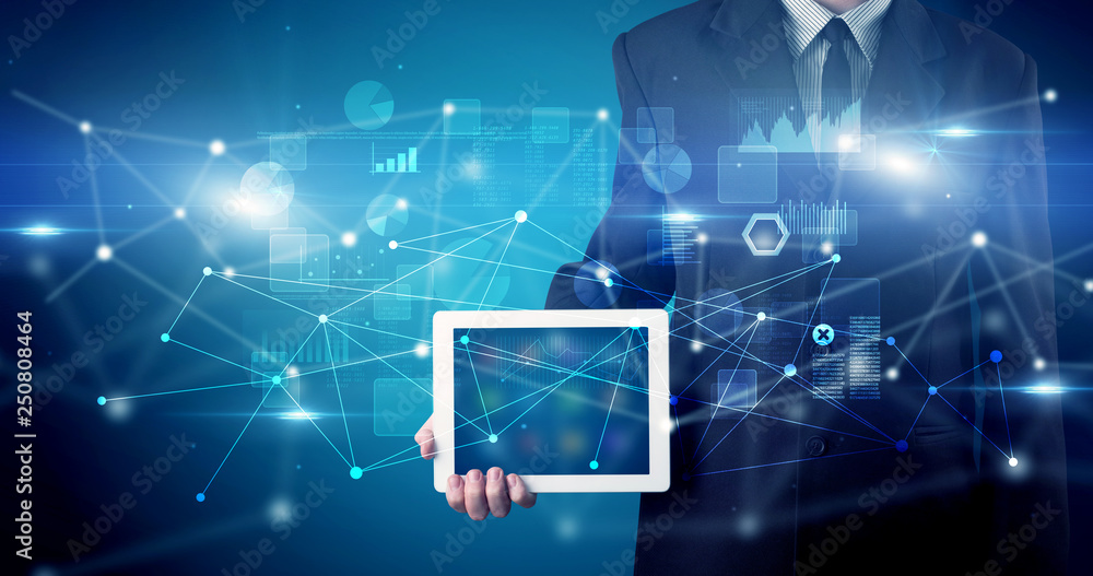 Poster elegant hand holding tablet with virtual database and network concept