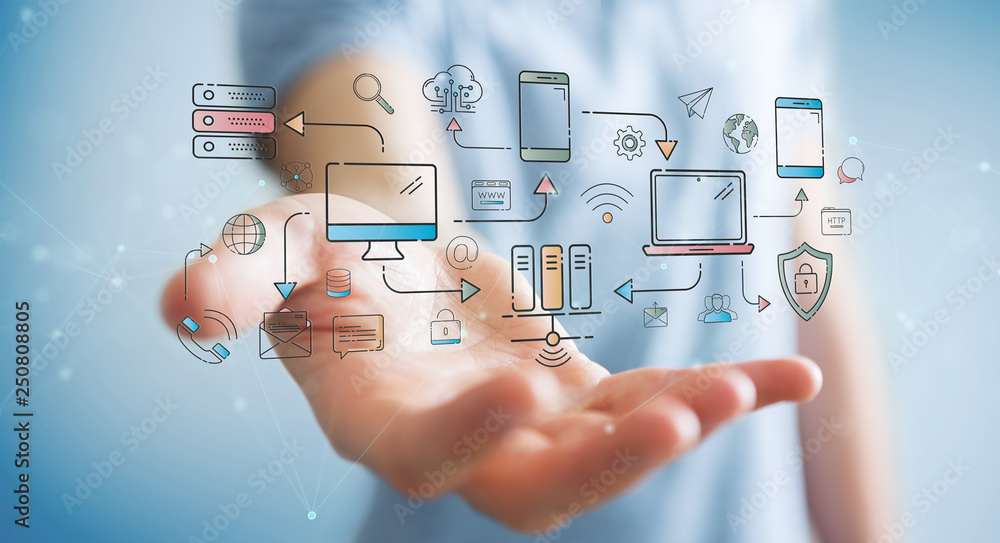 Poster businessman using tech devices and icons thin line interface