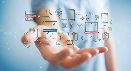 Businessman using tech devices and icons thin line interface