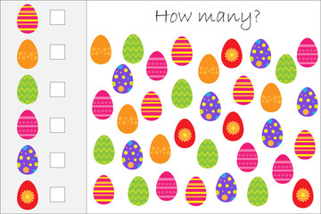 How many counting game with easter eggs for kids, educational maths task for the development of logical thinking, preschool worksheet activity, count and write the result, vector illustration - 250808886