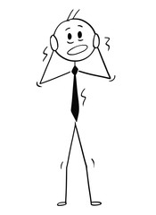 Cartoon stick figure drawing conceptual illustration of terrified or frightened businessman shaking in stress.