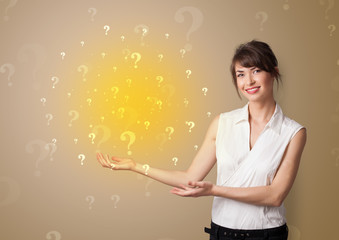 Young person presenting something with question sign concept
