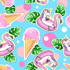Summer seamless pattern with unicorn and ice cream. Zine Culture style summer background