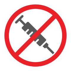 No drugs glyph icon, prohibited and forbidden, no syringe sign, vector graphics, a solid pattern on a white background.