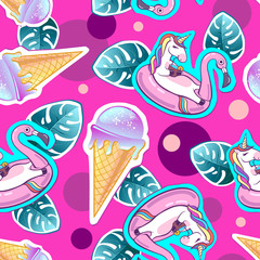 Summer seamless pattern with unicorn and ice cream. Zine Culture style summer background