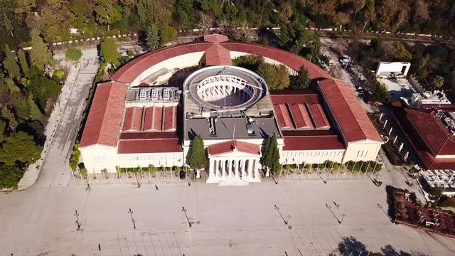 Aerial drone video of iconic public Zappeion Hall a popular venue for art events, Athens, Attica, Greece