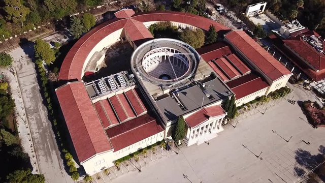 Aerial drone video of iconic public Zappeion Hall a popular venue for art events, Athens, Attica, Greece