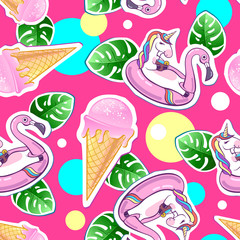 Summer seamless pattern with unicorn and ice cream. Zine Culture style summer background