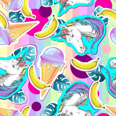 Summer seamless pattern with unicorn and ice cream. Zine Culture style summer background