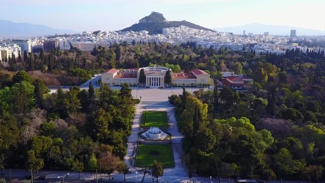 Aerial drone video of iconic public Zappeion Hall a popular venue for art events, Athens, Attica, Greece