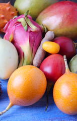 Various exotic fruits.