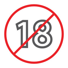 No 18 plus line icon, prohibited and ban, age restriction sign, vector graphics, a linear pattern on a white background.