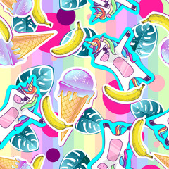 Naklejka premium Summer seamless pattern with unicorn and ice cream. Zine Culture style summer background