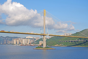 Hong Kong architecture car bridge , buildings, mountain and the bay