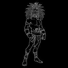 White contour of the tribal warrior wearing ancient clothes and a mask with feathers