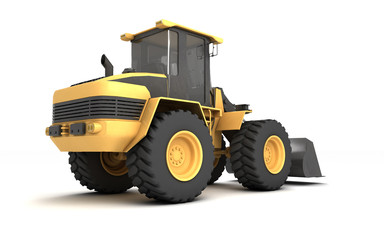 Powerful yellow wheel hydraulic bulldozer with black bucket isolated on white. 3D illustration. Perspective. Rear view. Low wide angle. Right side.