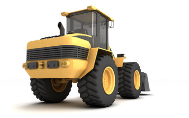 Powerful yellow wheel hydraulic bulldozer with black bucket isolated on white. 3D illustration. Perspective. Rear view. Low wide angle. Right side.