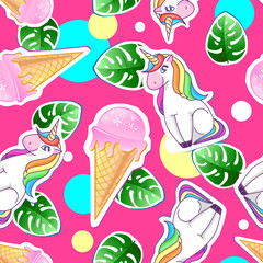 Summer seamless pattern with unicorn and ice cream. Zine Culture style summer background