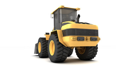 Powerful yellow wheel hydraulic bulldozer with black bucket isolated on white. 3D illustration. Perspective. Rear view. Low wide angle. Left side.