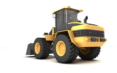 Powerful yellow wheel hydraulic bulldozer with black bucket isolated on white. 3D illustration. Perspective. Rear side view. Low wide angle. Left side.