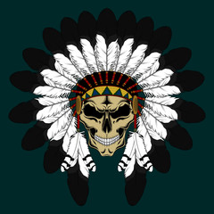Indian skull in a crown of feathers. Color vector image.