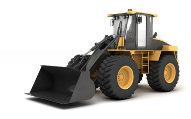 Powerful yellow wheel hydraulic bulldozer with black bucket isolated on white. 3D illustration. Perspective. Front view. Left side.