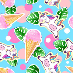 Summer seamless pattern with unicorn and ice cream. Zine Culture style summer background