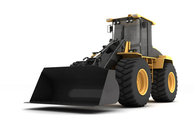 Fototapeta premium Powerful yellow wheel hydraulic bulldozer with black bucket isolated on white. 3D illustration. Perspective. Low angle. Front view. Left side.